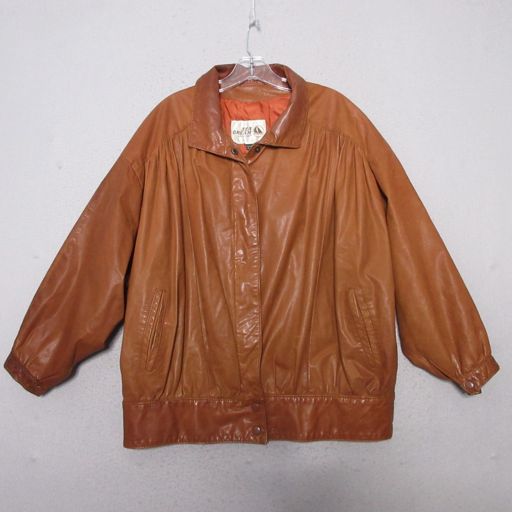 Vintage Sea Dream Leather Jacket Women Large Cognac Pleat Oversize Argentina 90s